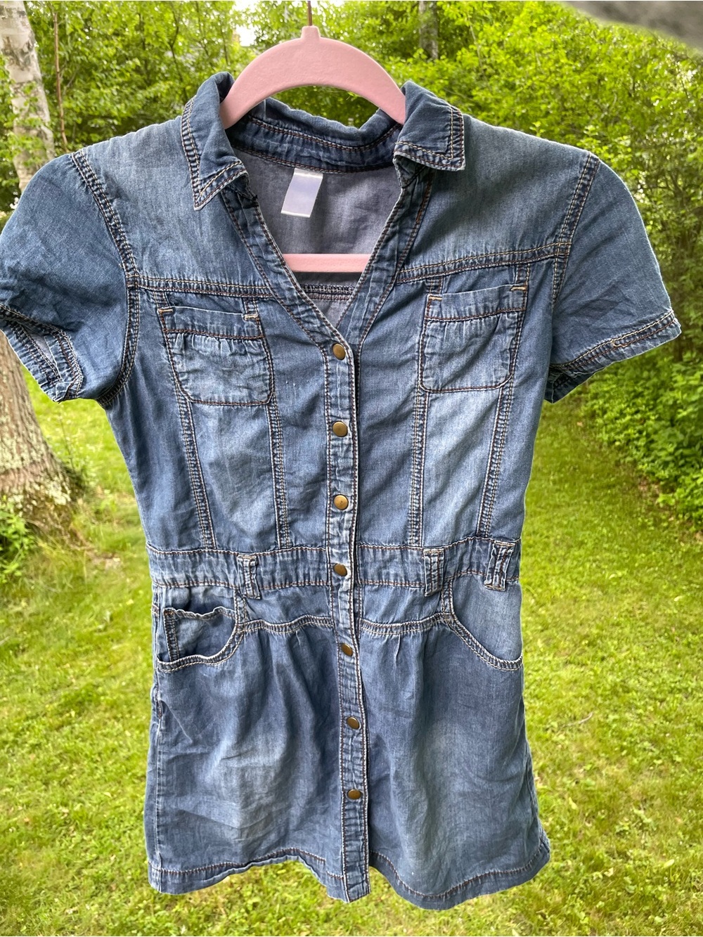 Girls Denim Button-Front Short Sleeve Dress - Blue